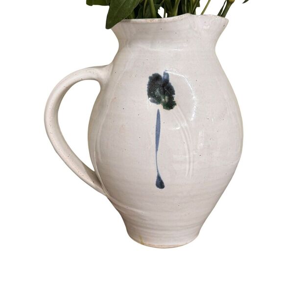 Studio Art Pottery Dimpled Floral Stoneware Pitcher Jug Signed Vase Cream/Blue - Picture 3 of 9